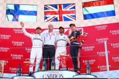 BARCELONA, SPAIN - MAY 12: Top three finishers Lewis Hamilton of Great Britain and Mercedes GP, Valtteri Bottas of Finland and Mercedes GP and Max Verstappen of Netherlands and Red Bull Racing celebrate on the podium with Chief of Mercedes Dieter Zetsche during the F1 Grand Prix of Spain at Circuit de Barcelona-Catalunya on May 12, 2019 in Barcelona, Spain. (Photo by Dan Istitene/Getty Images) // Getty Images / Red Bull Content Pool  // AP-1ZAHF73FH2111 // Usage for editorial use only // Please go to www.redbullcontentpool.com for further information. //